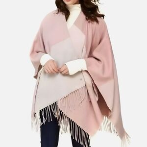 NWT SOIA & KYO Yadira Fringe Color Block Cape Shawl Open Poncho Pink Cream Tan